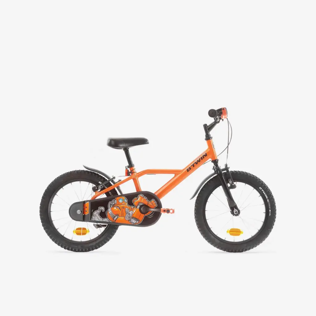 Decathlon's orange Btwin 500 Robot kids' bike, side view, with its chain guard
