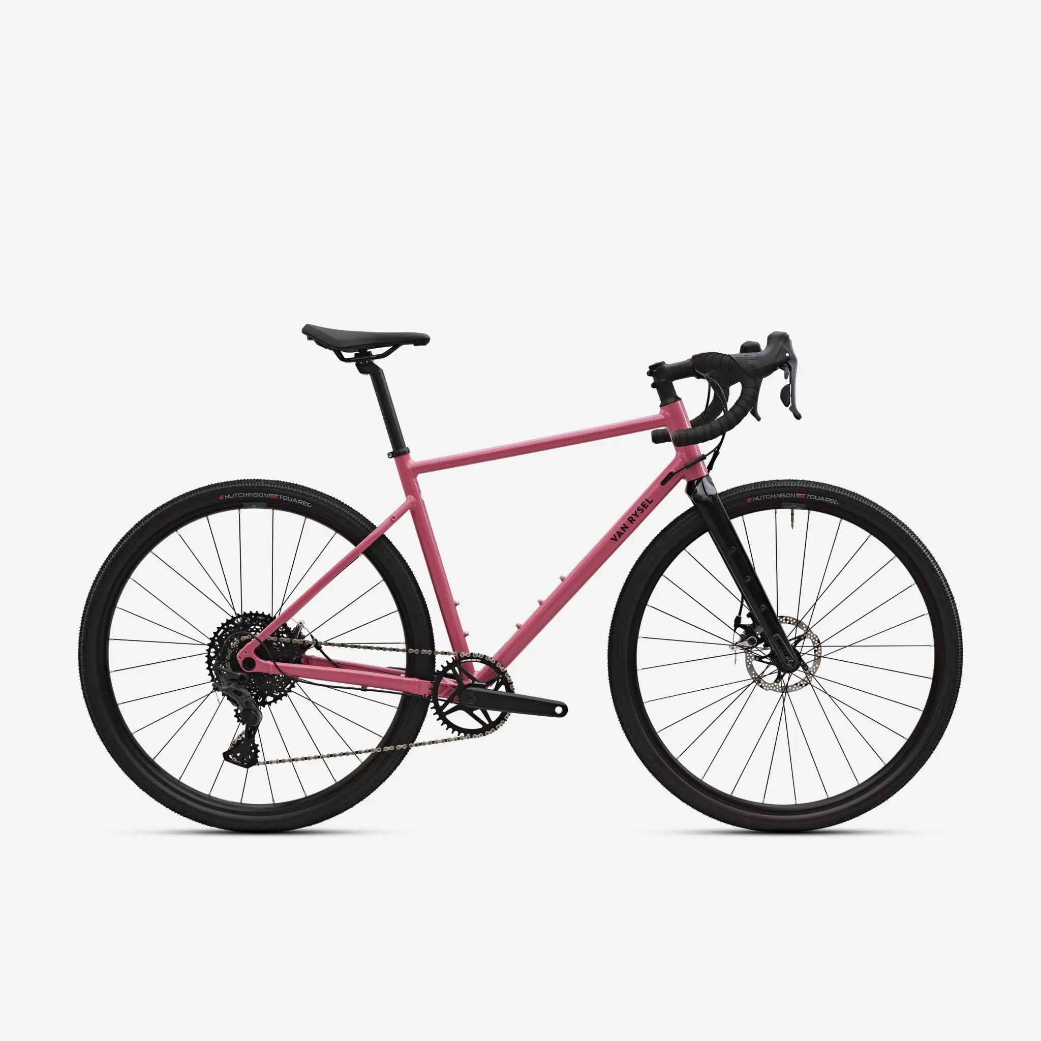Vélo gravel Van Rysel GRVL AF rose vu de profil sur fond blanc