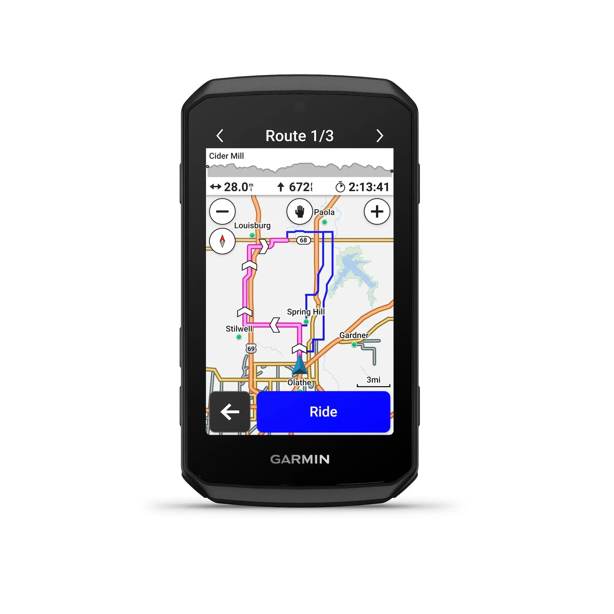 Écran du Garmin Edge 1060 montrant l'aperçu de plusieurs itinéraires sur une carte