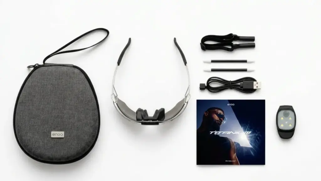 The contents of the Engo3 Titanium box: case, glasses, cord, charging cable and LED running light