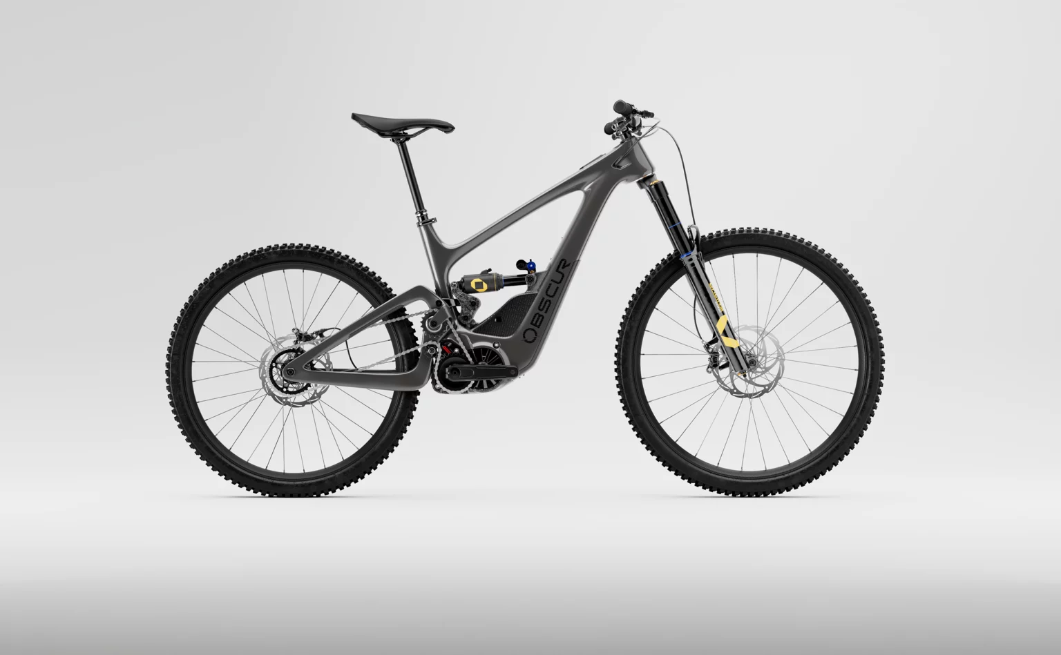 Grey Obscur ENYX e-MTB seen side-on against a white background