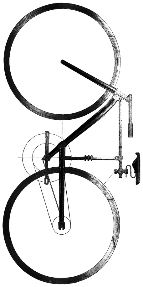 Dessin d'un vélo dressé à la verticale, roue avant en haut