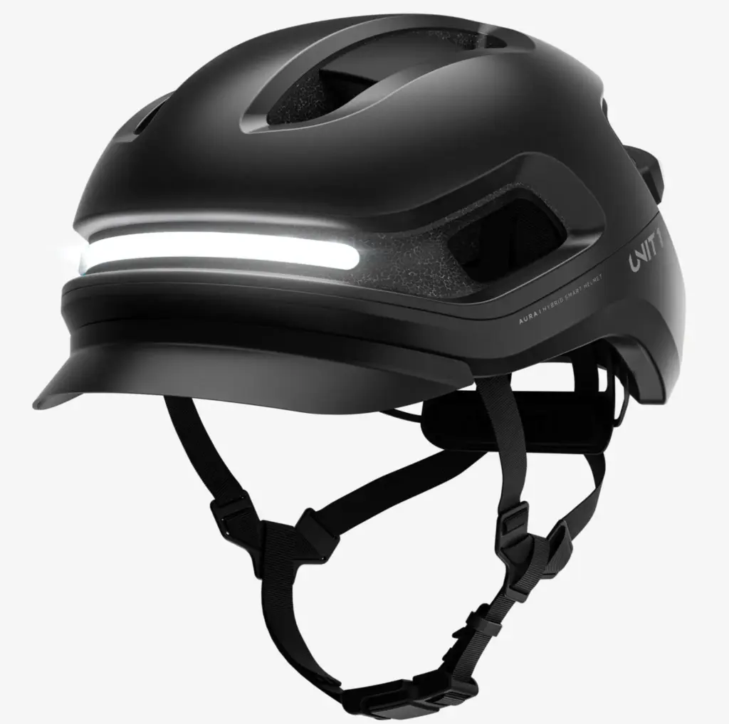 Le casque Unit 1 Aura MIPS noir, son bandeau lumineux avant allumé