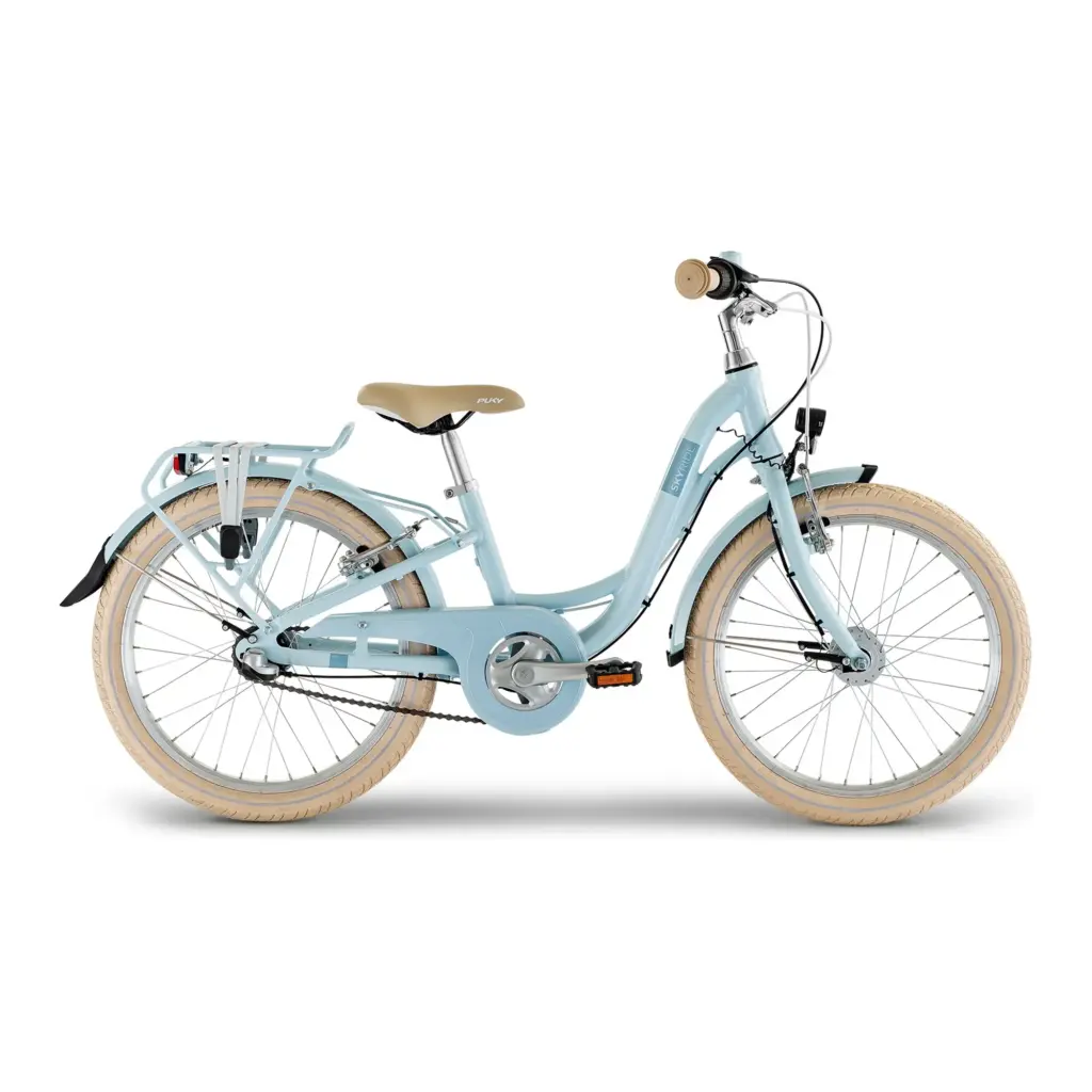 The light blue Puky Skyride 20-3 kids' bike, side view, with mudguards, a rack and beige-walled tyres