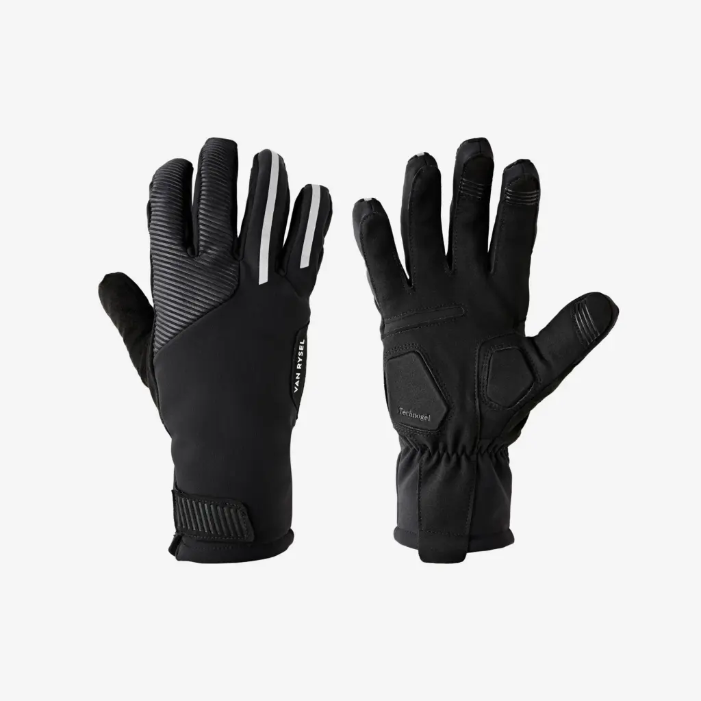 La paire de gants vélo d'hiver Van Rysel EDR Winter noirs de Decathlon, dos et paume